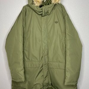 Men’s Adidas PAD Fur Parka Jacket Hooded Long Sz 2XL Olive Green Trefoil Logo.